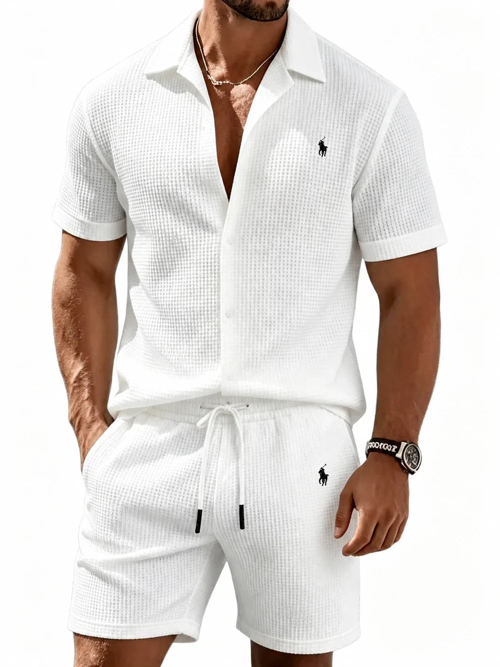 🔥 Men’s Waffle Textured Open Collar Shirt & Drawstring Shorts 2 Piece Set!