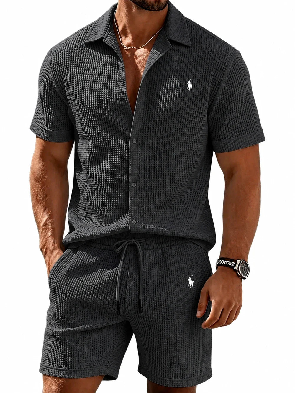 🔥 Men’s Waffle Textured Open Collar Shirt & Drawstring Shorts 2 Piece Set!
